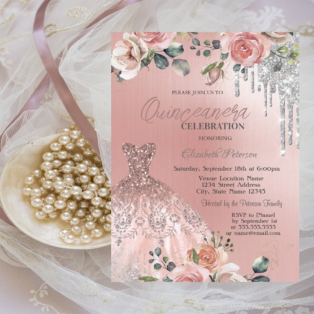 Invitation Gouttes d'Argent, Robe, Roses Rose Quinceanera (Créateur téléchargé)