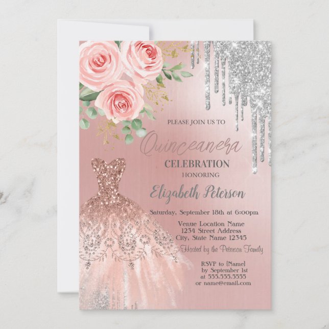 Invitation Gouttes d'Argent, Robe, Roses Roses Quinceanera (Devant)