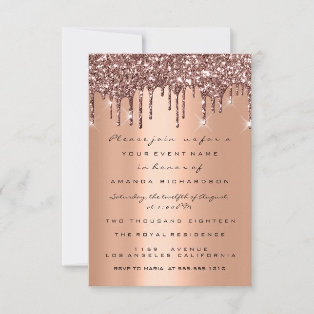 Invitation Gouttes de cuivre scintillant Rose Gold Fête de ma (Devant)