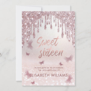 Invitation gouttes de glitterie or rose ombre papillon invita