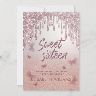 Invitation gouttes de glitterie or rose ombre papillon invita