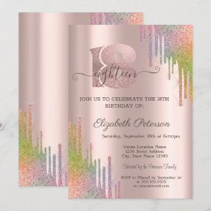 Invitation Gouttes de Paillettes Arc-en-Ciel Rose Gold 18ème 