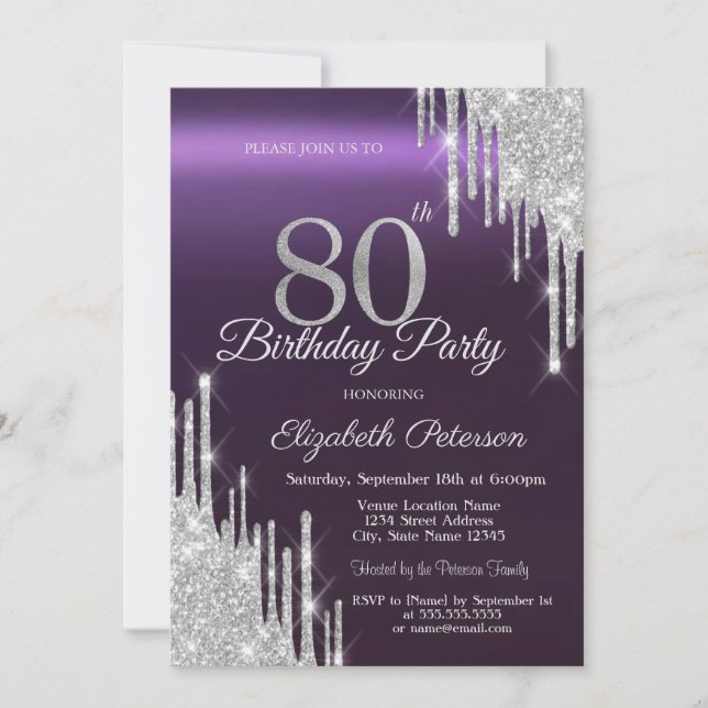 Invitation  Gouttes de paillettes argentées 80e anniversaire  (Devant)