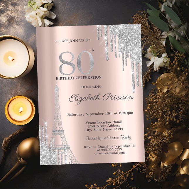 Invitation Gouttes de paillettes argentées, 80e anniversaire  (Créateur téléchargé)