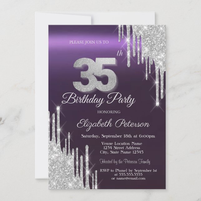Invitation Gouttes de paillettes argentées Anniversaire 35 an (Devant)