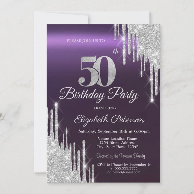 Invitation Gouttes de Paillettes Argentées Anniversaire 50 an (Devant)