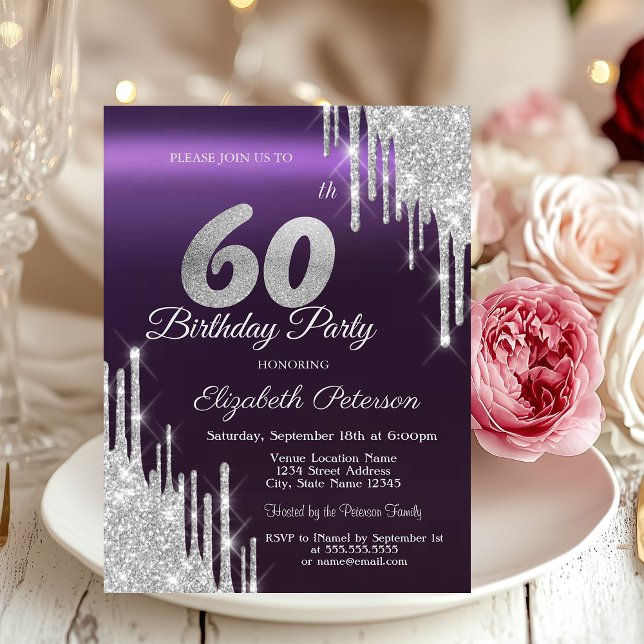 Invitation Gouttes de Paillettes Argentées Anniversaire 60 an (Créateur téléchargé)