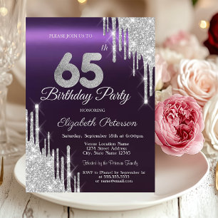 Invitation Gouttes de Paillettes Argentées Anniversaire 65 an
