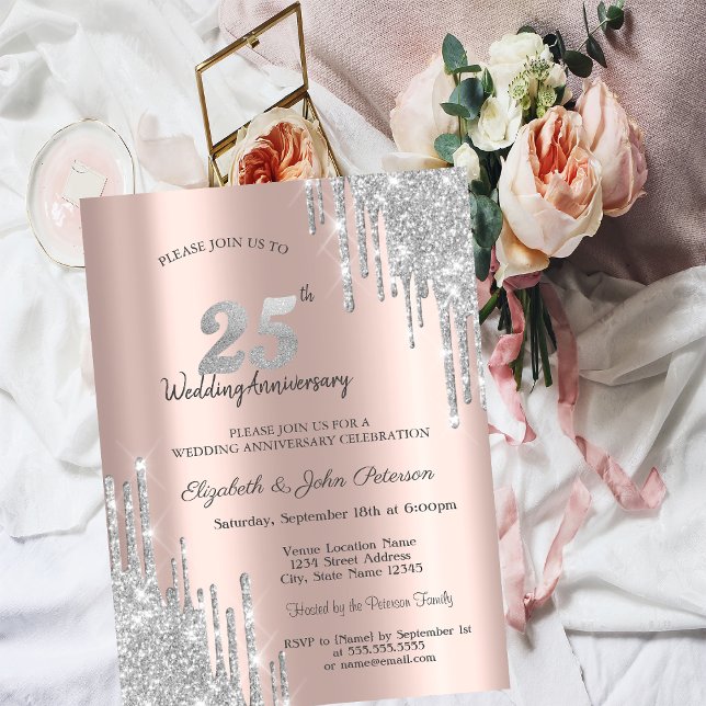 Invitation Gouttes de paillettes argentées chic pour les 25 a (Créateur téléchargé)