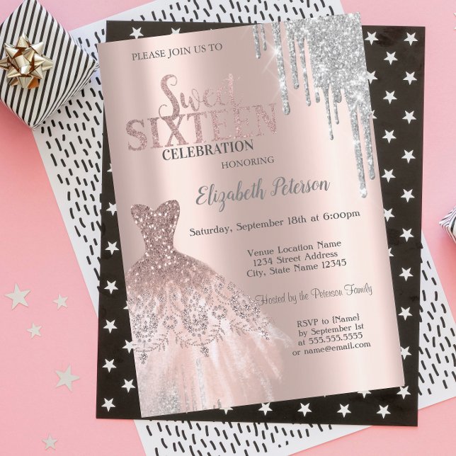 Invitation Gouttes de paillettes argentées cool, robe rose do (Créateur téléchargé)