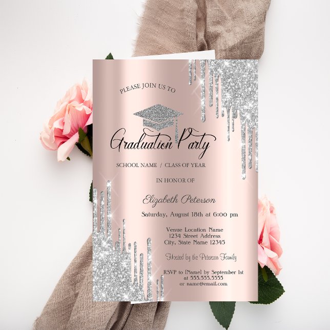 Invitation Gouttes de paillettes argentées, diplômé or rose  (Créateur téléchargé)