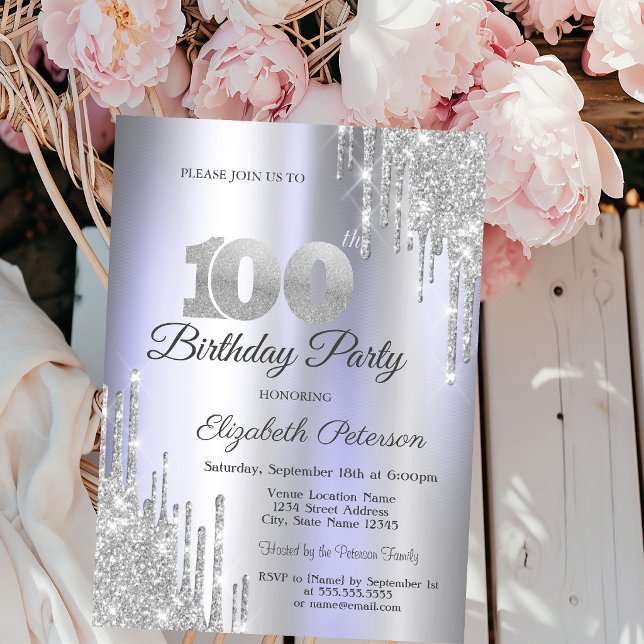 Invitation Gouttes de paillettes argentées Fête de 100 ans vi (Créateur téléchargé)