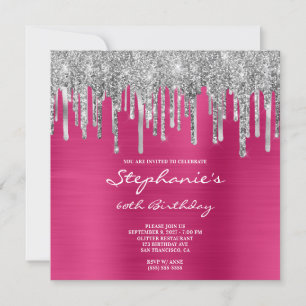 Invitation Gouttes de paillettes argentées Fuchsia rose 60e a