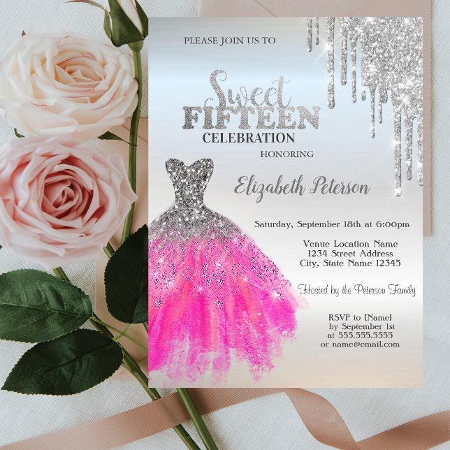 Invitation Gouttes de paillettes argentées, Robe adorable Qui (Créateur téléchargé)