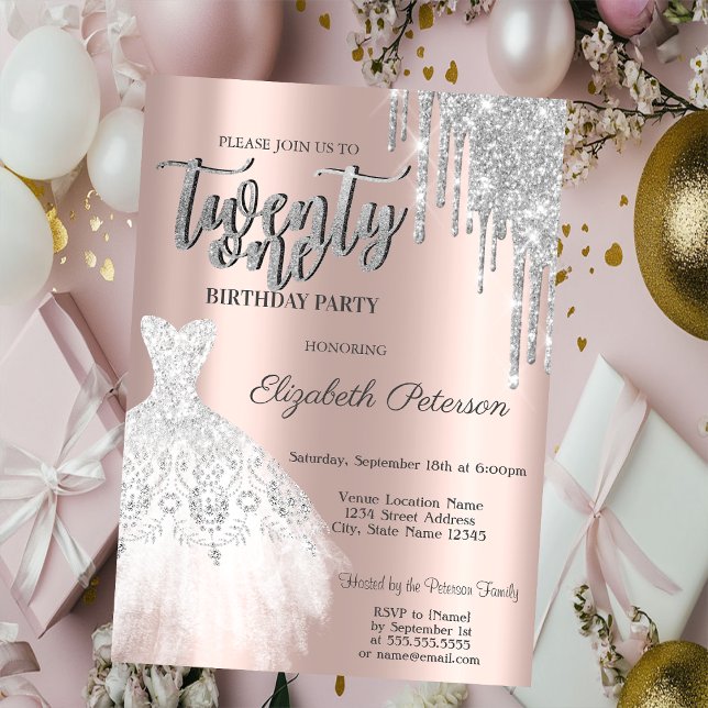 Invitation Gouttes de paillettes argentées, robe blanche 21e  (Créateur téléchargé)