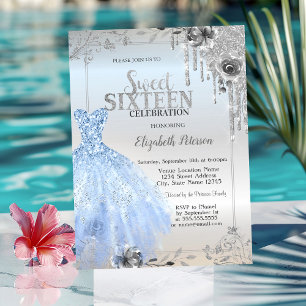 Invitation Gouttes de paillettes argentées, robe bleue Roses