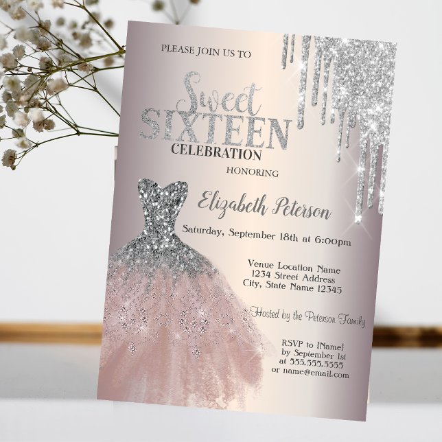 Invitation Gouttes de paillettes argentées, robe chic Sweet 1 (Créateur téléchargé)