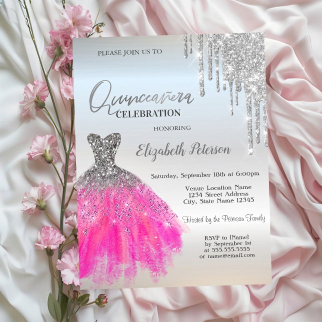Invitation Gouttes de paillettes argentées, Robe de luxe Quin (Créateur téléchargé)
