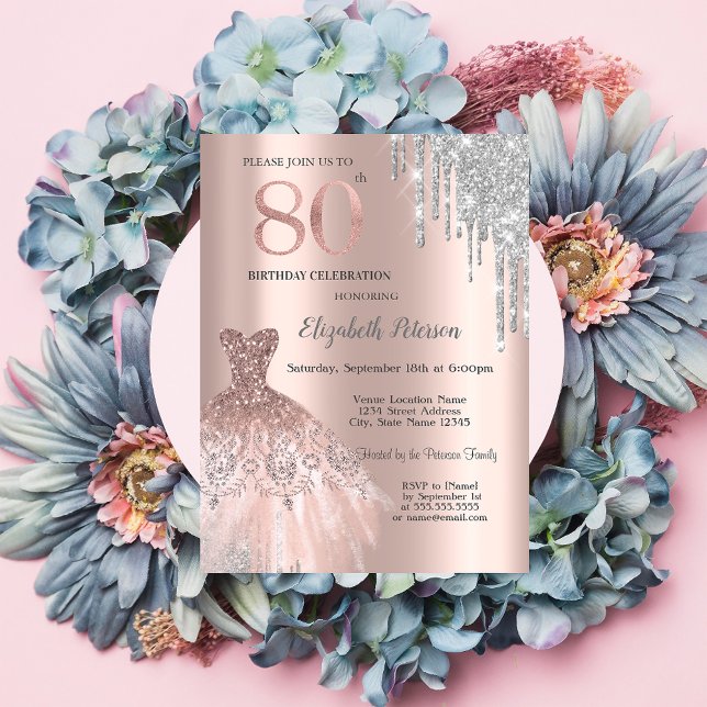 Invitation Gouttes de paillettes argentées, robe rose doré 80 (Créateur téléchargé)