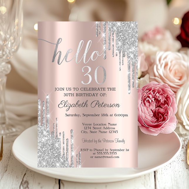 Invitation Gouttes de Paillettes Argentées Rose Doré 30e Anni (Créateur téléchargé)