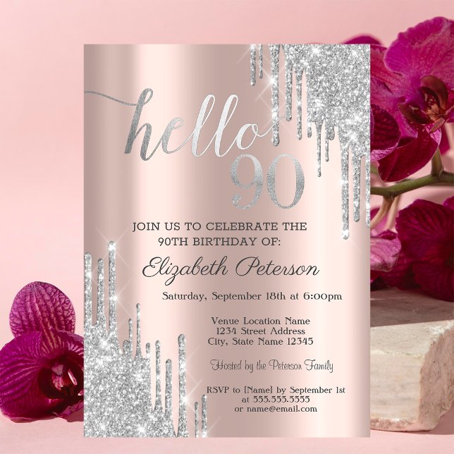 Invitation Gouttes de Paillettes Argentées Rose Doré 90ème An (Créateur téléchargé)