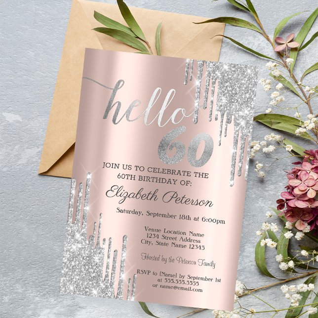 Invitation Gouttes de Paillettes Argentées Rose Gold 60ème An (Créateur téléchargé)