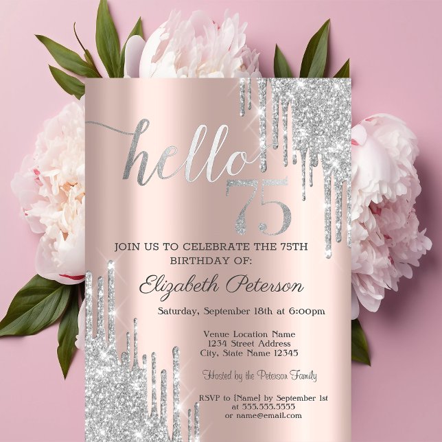 Invitation Gouttes de Paillettes Argentées Rose Gold pour 75è (Créateur téléchargé)