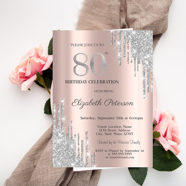 Invitation Gouttes de Paillettes Argentées Rose Gold pour 80è (Créateur téléchargé)