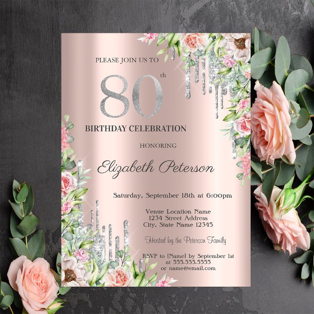 Invitation Gouttes de paillettes argentées, Roses Or rose 80  (Créateur téléchargé)