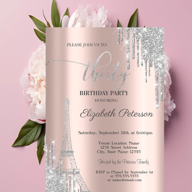 Invitation Gouttes de paillettes argentées, Tour Eiffel 30e a (Créateur téléchargé)