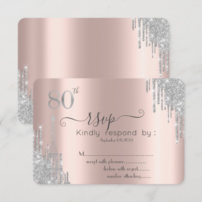 Invitation Gouttes de paillettes argentées, Tour Eiffel 80 an (Devant / Derrière)