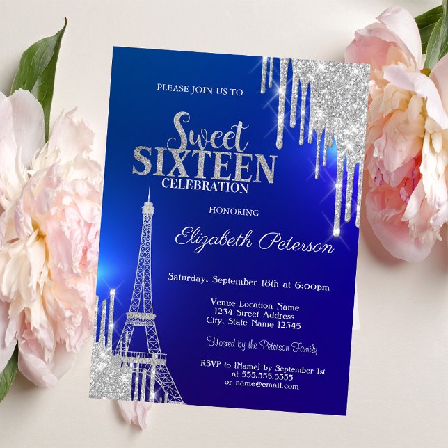 Invitation Gouttes de paillettes argentées, Tour Eiffel Bleue (Créateur téléchargé)