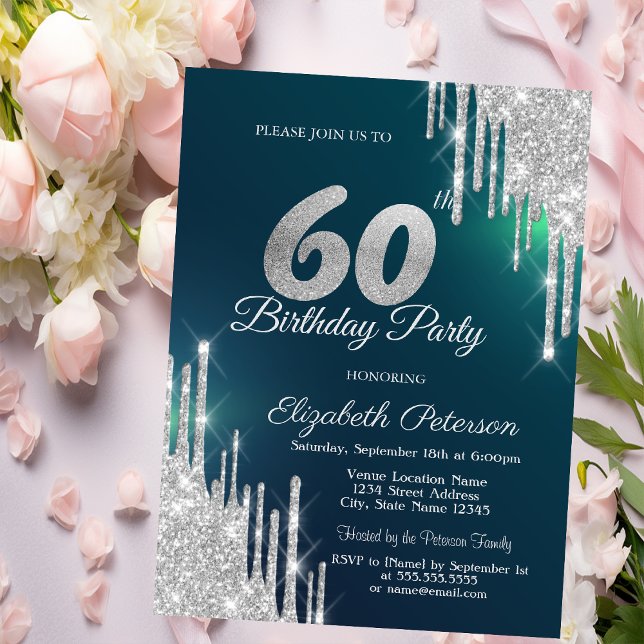 Invitation Gouttes de paillettes argentées Vert 60e Anniversa (Créateur téléchargé)