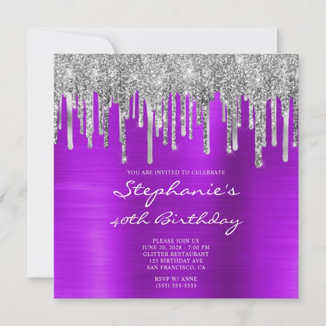 Invitation Gouttes de paillettes argentées Violet Feuille 40e (Devant)