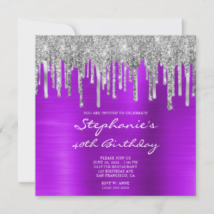 Invitation Gouttes de paillettes argentées Violet Feuille 40e