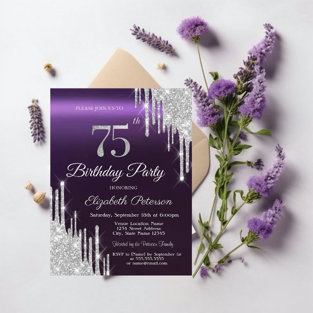 Invitation Gouttes de Paillettes Argentées Violet Foncé 75ème (Créateur téléchargé)