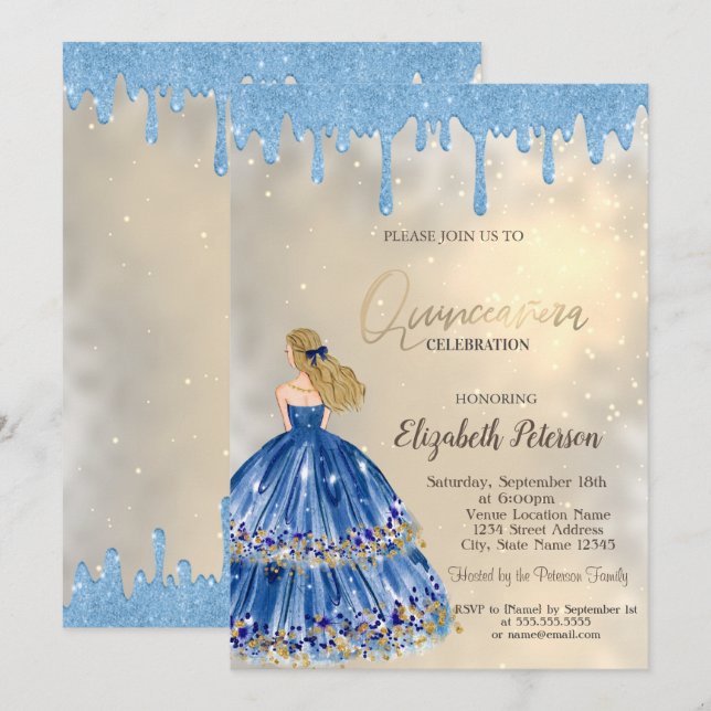 Invitation Gouttes de paillettes bleu clair, Fille en robe do (Devant / Derrière)
