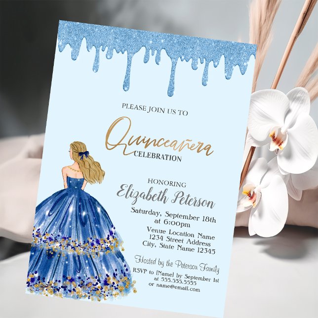 Invitation Gouttes de paillettes bleu clair, robe fille Quinc (Créateur téléchargé)