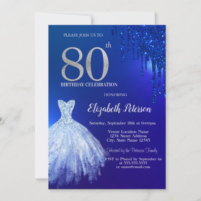 Invitation Gouttes de paillettes bleu marine, Robe Bleu 80e A (Devant)
