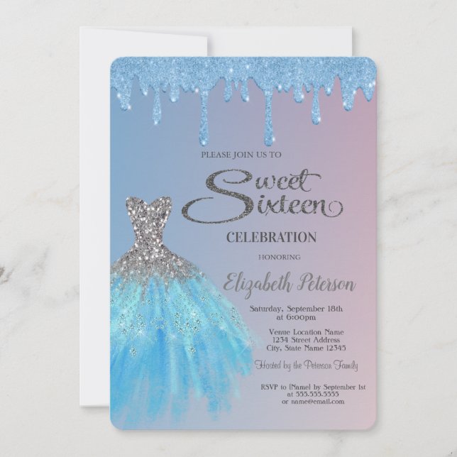 Invitation Gouttes de paillettes bleues cool, robe bleue Swee (Devant)