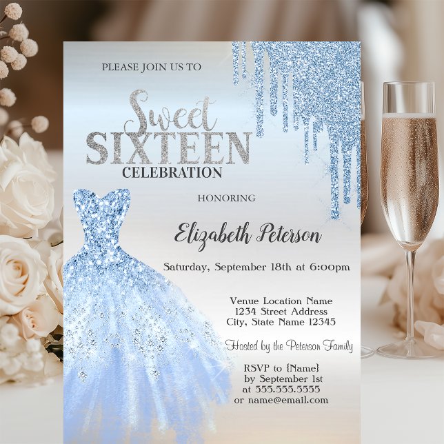 Invitation Gouttes de paillettes bleues, Robe bleue argentée  (Créateur téléchargé)