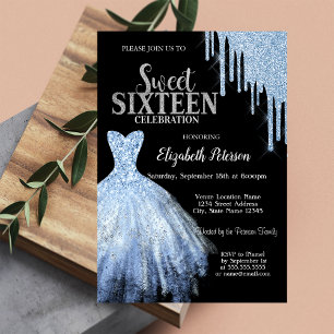 Invitation Gouttes de Paillettes Bleues, Robe Bleue Noire Dou