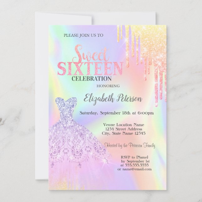 Invitation Gouttes de paillettes cool, robe holographique Swe (Devant)