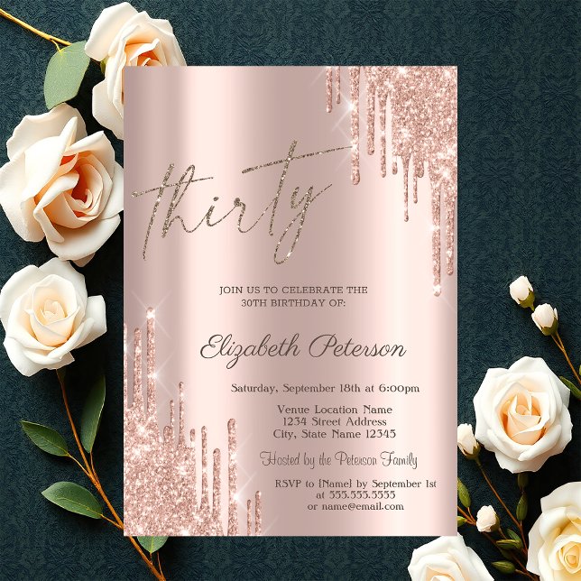 Invitation Gouttes de paillettes cool rose doré 30e anniversa (Créateur téléchargé)