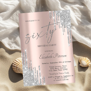 Invitation Gouttes de paillettes d'argent Cool Rose Gold 60e 