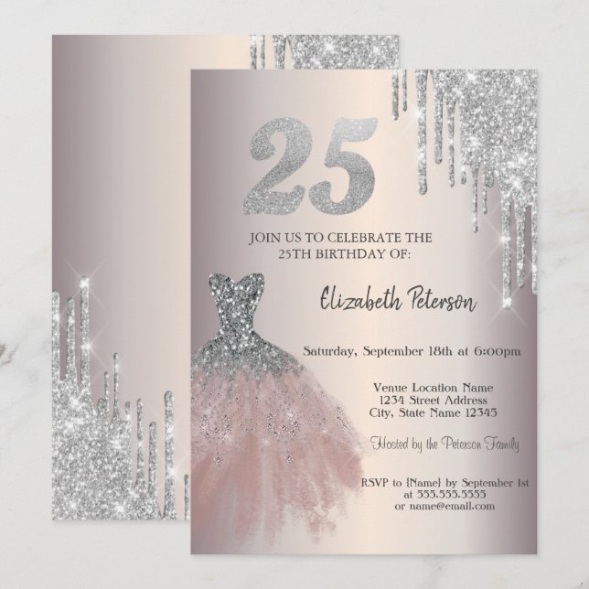 Invitation Gouttes de paillettes d'argent, robe chic 25e anni (Devant / Derrière)