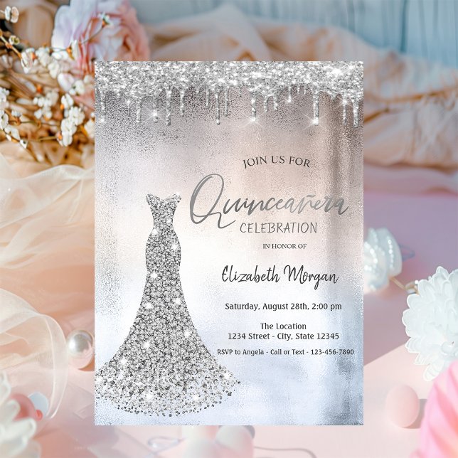 Invitation Gouttes de paillettes d'argent, robe de Quinceaner (Créateur téléchargé)