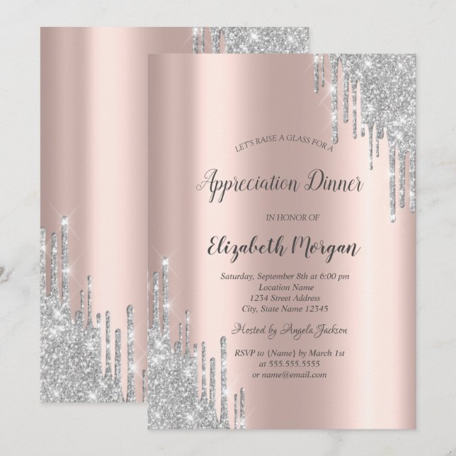 Invitation Gouttes de paillettes d'argent Rose Or Appréciatio (Devant / Derrière)