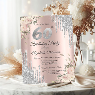 Invitation Gouttes de paillettes d'argent, Roses 60e annivers