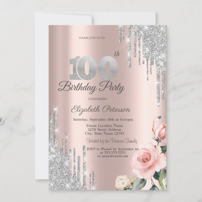 Invitation Gouttes de paillettes d'argent Roses Or rose 100e (Devant)